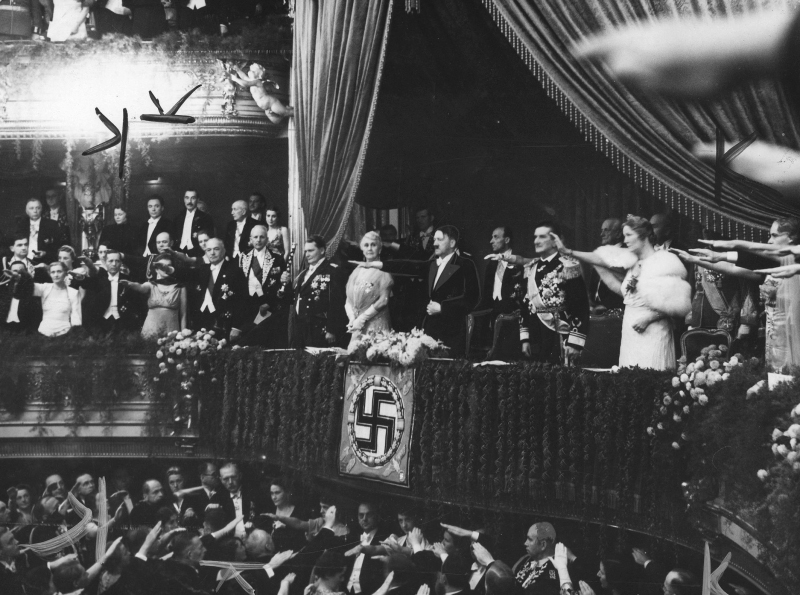 Adolf Hitler and Miklos Horthy at a representation of Lohengrin in Berlin's Staatsoper, during his official state visit